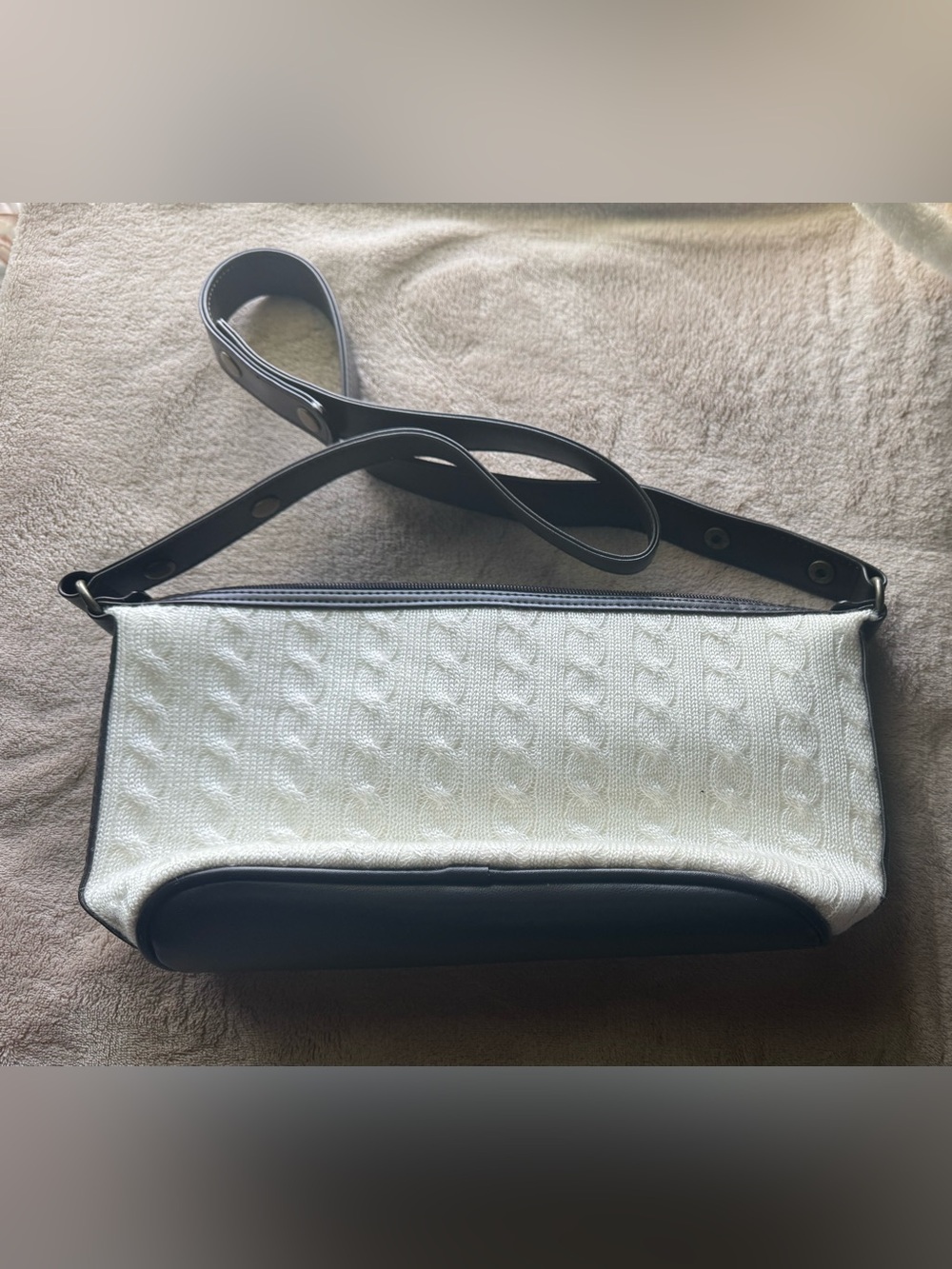 White Cable-Knit Shoulder Bag with Black Trim